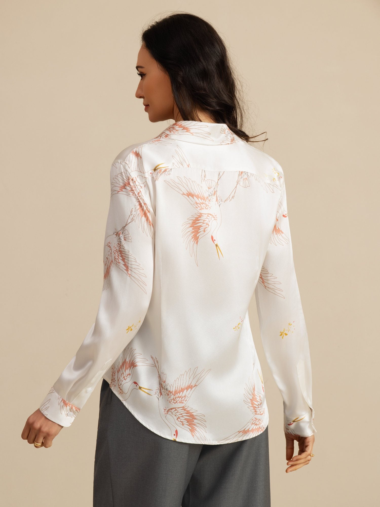 [Blanco] SilkSilky-ES 19Momme Manga larga Cuello con Solapa Blusas de Mujer 002