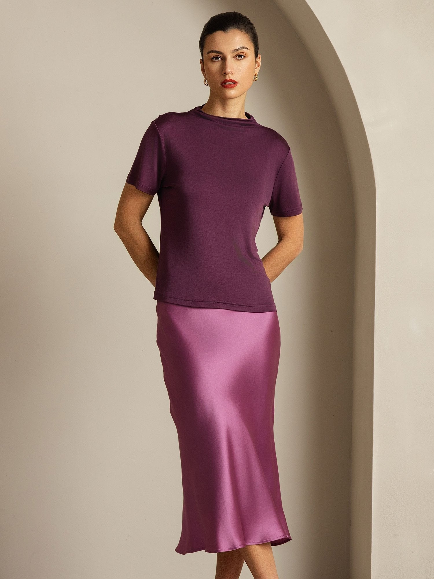 [Púrpura] SilkSilky-ES Seda Pura Cuello Camisero Camisetas de Mujer 008