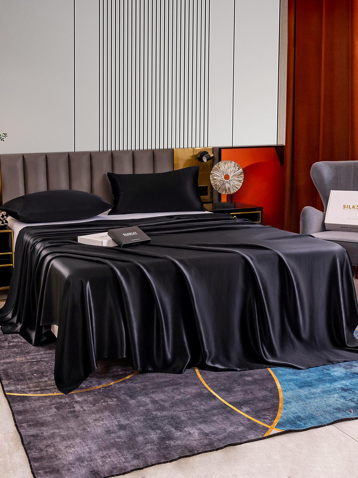 [Negro] SilkSilky-ES 22Momme Seda Pura Bedding Set 003