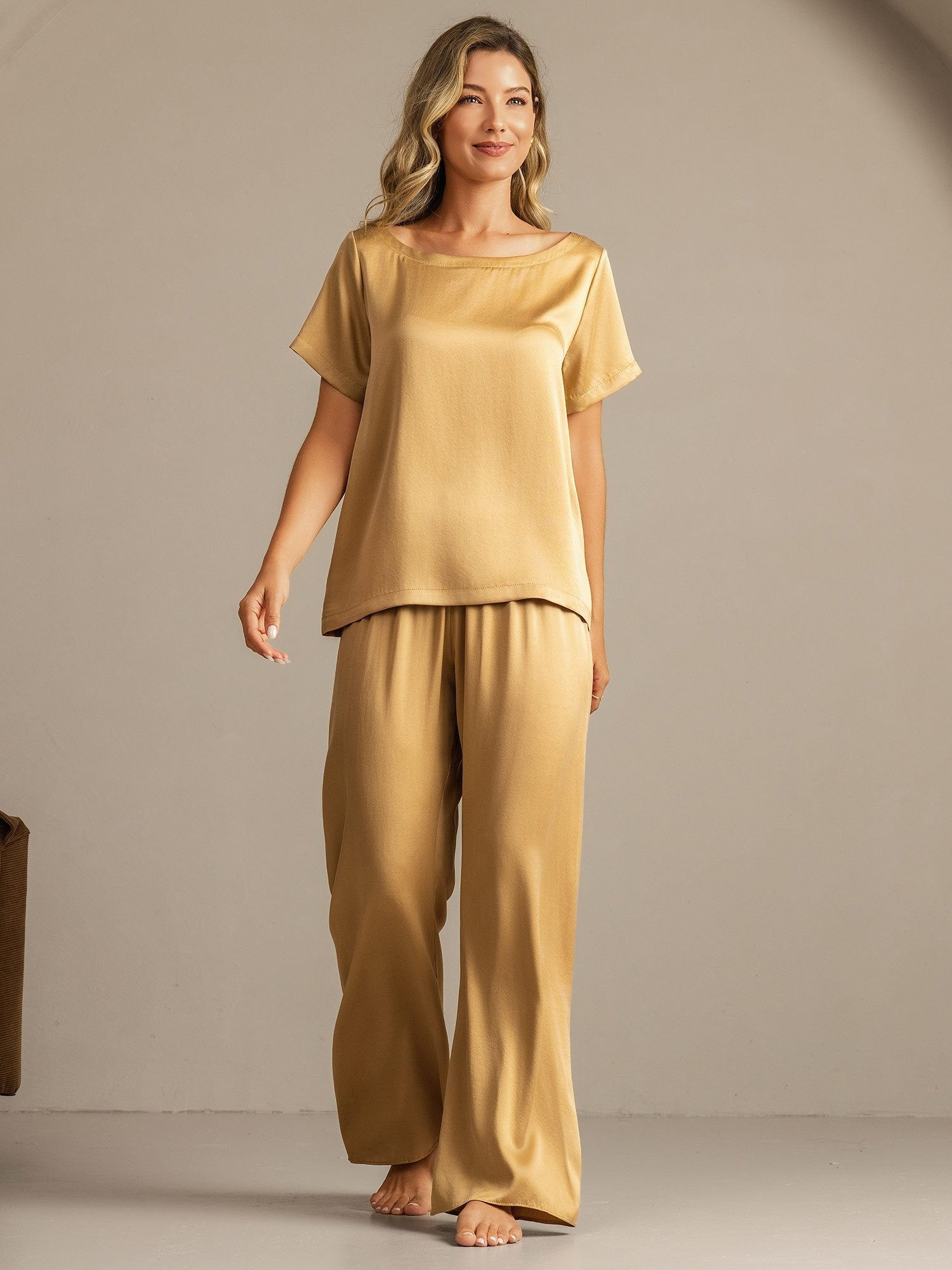 [MarrónClaro] SilkSilky-ES 19Momme Seda Womens Pajamas 007