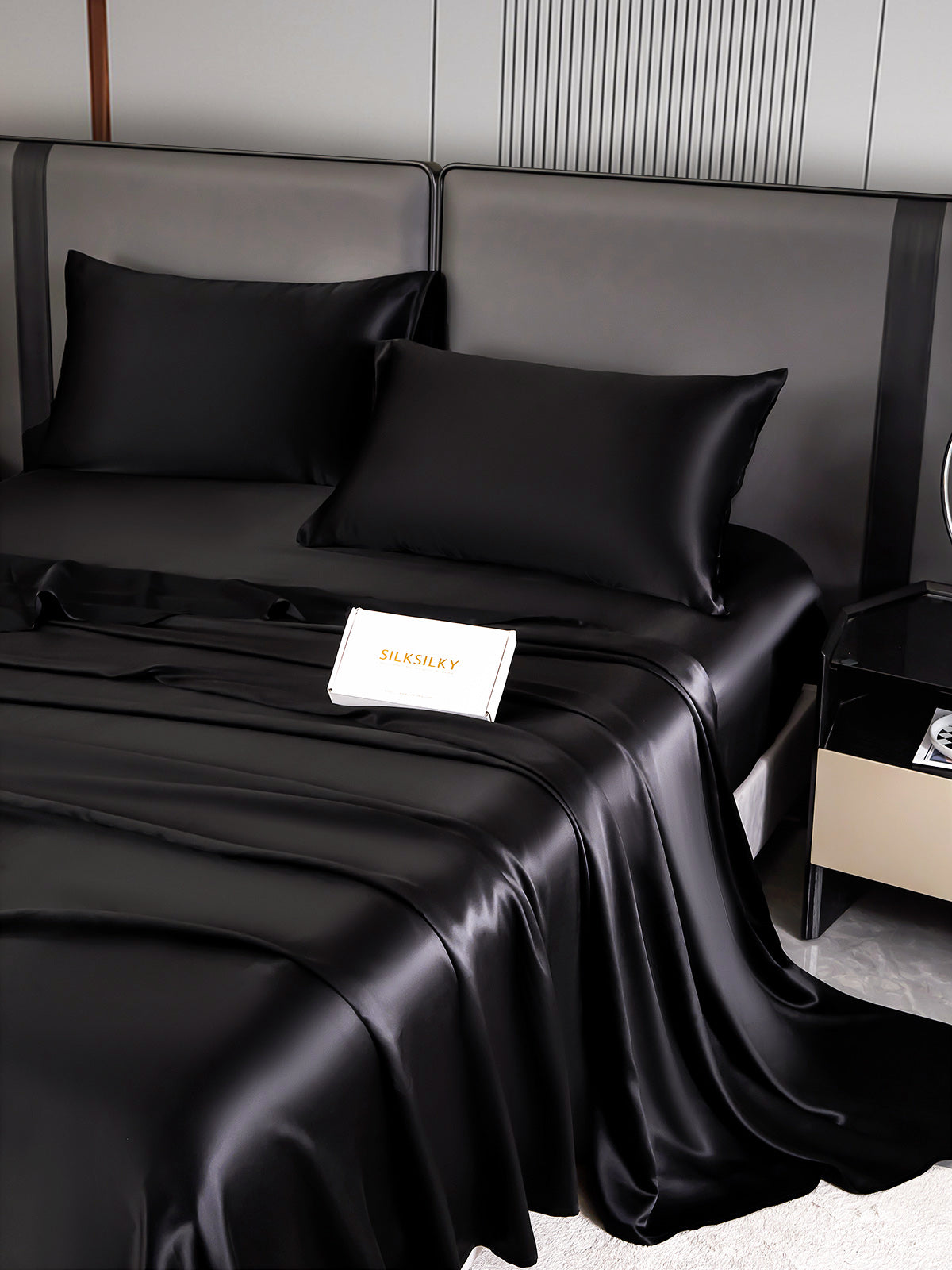 [Negro] SilkSilky-ES 22Momme Seda Pura Bedding Set 003