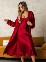 [Vino] SilkSilky-ES Long Sleeve V Neck Conjunto de camisón y bata 009