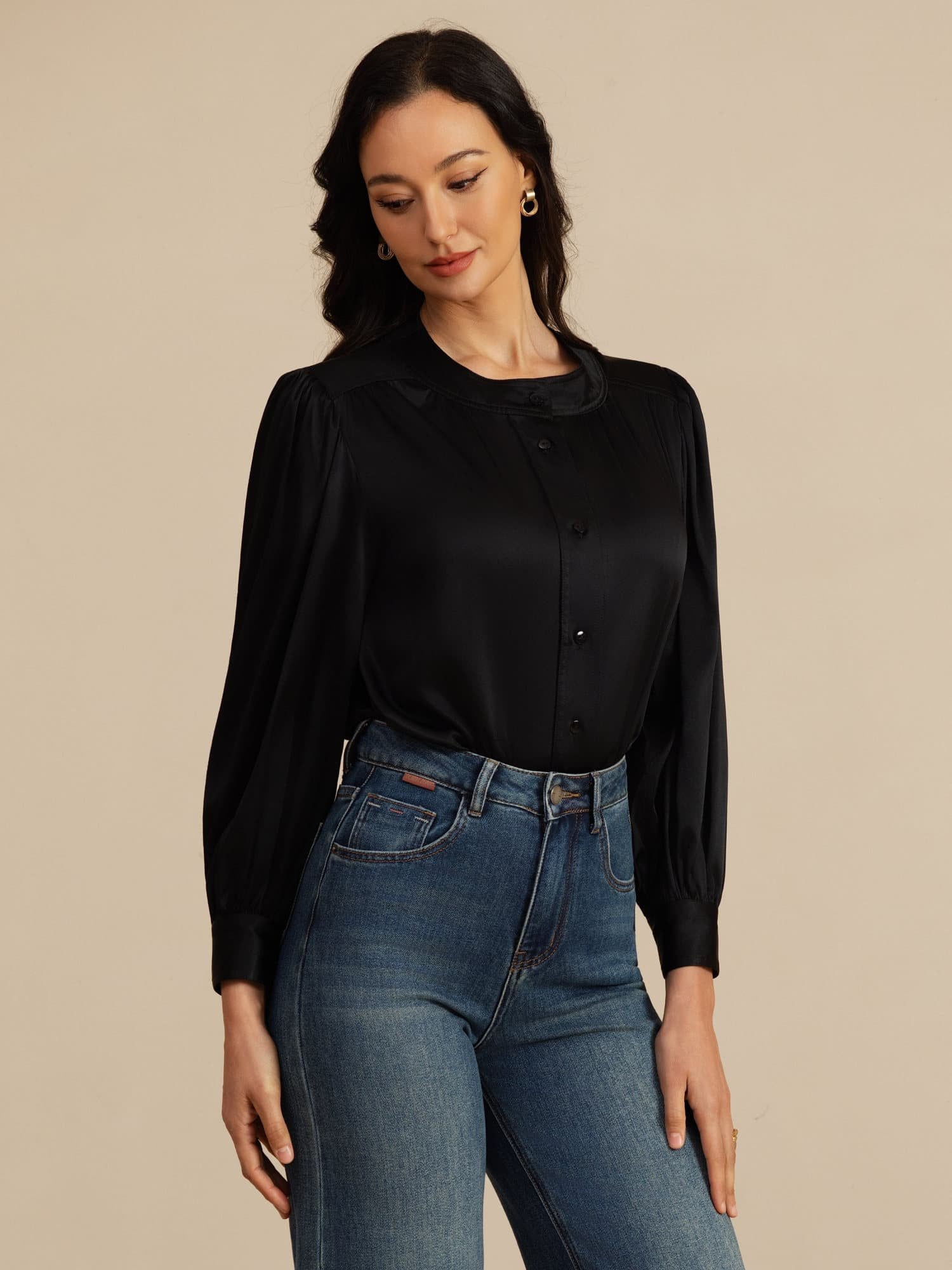[Negro] SilkSilky-ES 19Momme Long Sleeve Round Neck Blusa 001