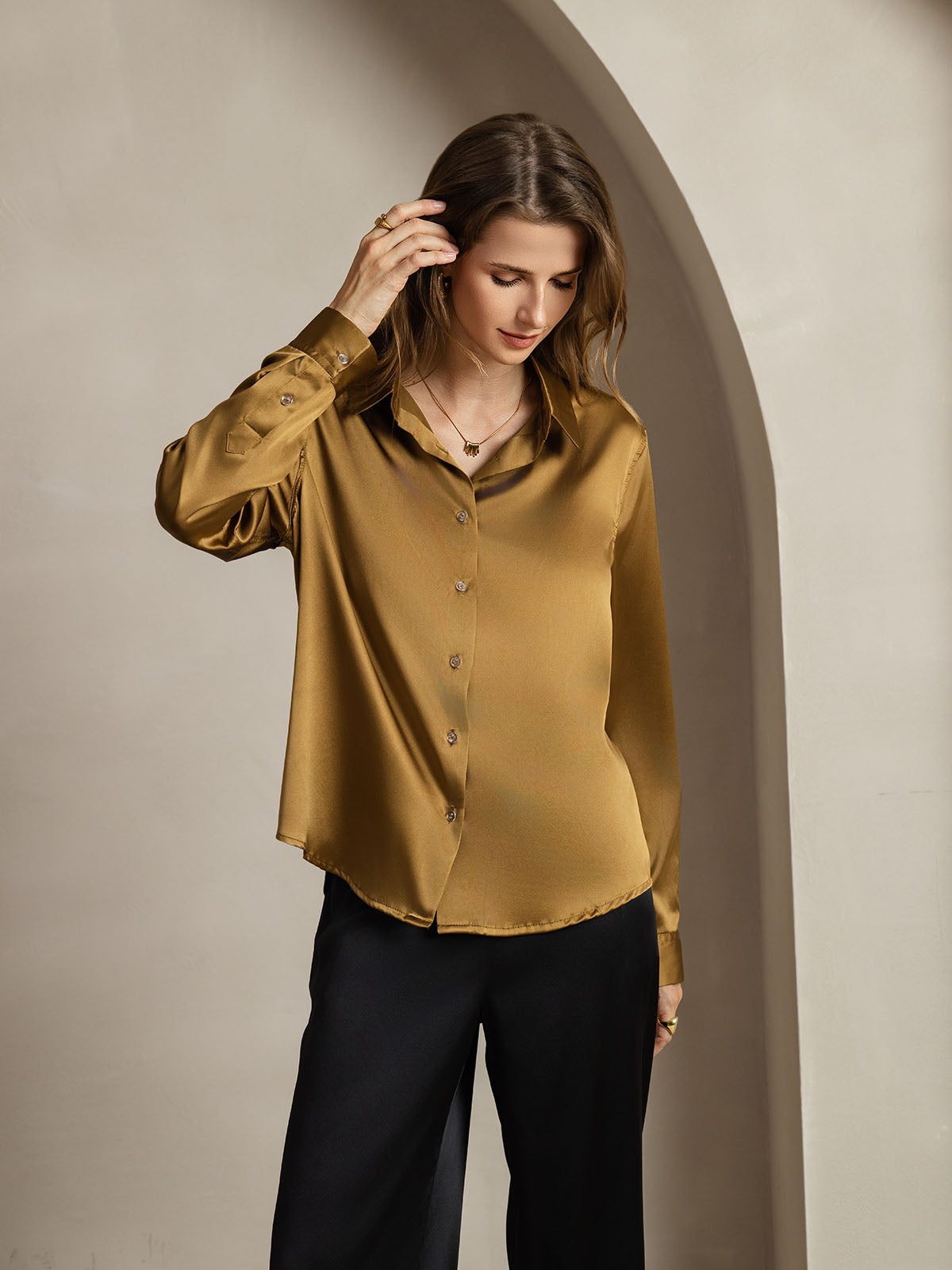 [Bronce] SilkSilky-ES Seda Lapel Collar Blusas de Mujer 001