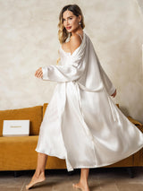 [Blanco] SilkSilky-ES Long Sleeve V Neck Conjunto de camisón y bata 002