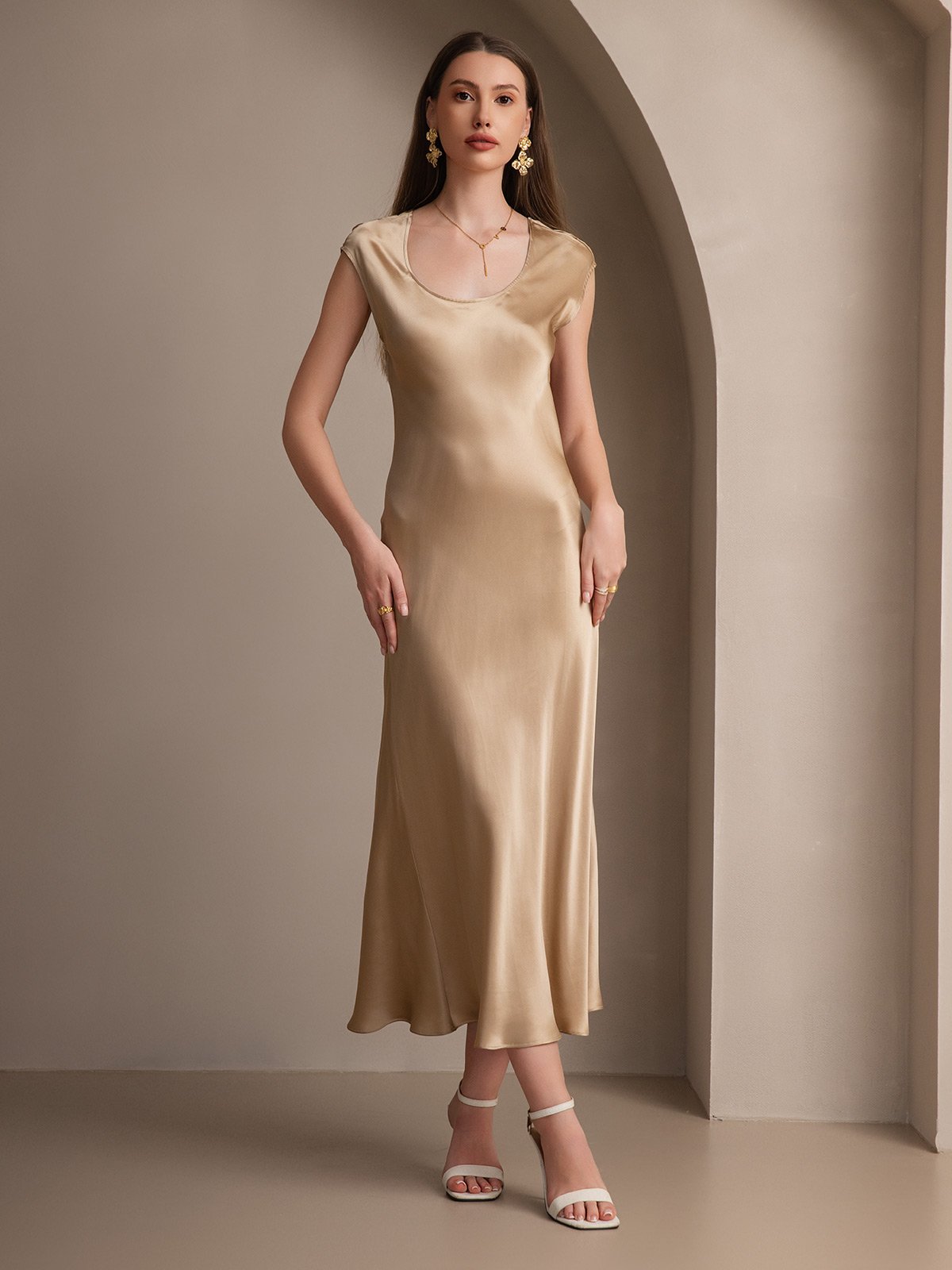[Champán] SilkSilky-ES 19Momme Seda Dress 004