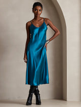 [Azul Real] SilkSilky-ES Spaghetti Strap V Neck Vestido 001