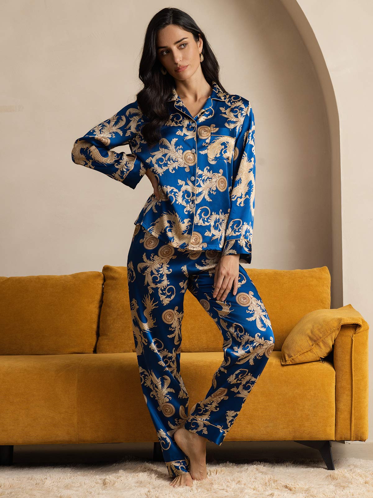 [Dragón Navy] SilkSilky-ES Seda Pura Womens Pajamas 006