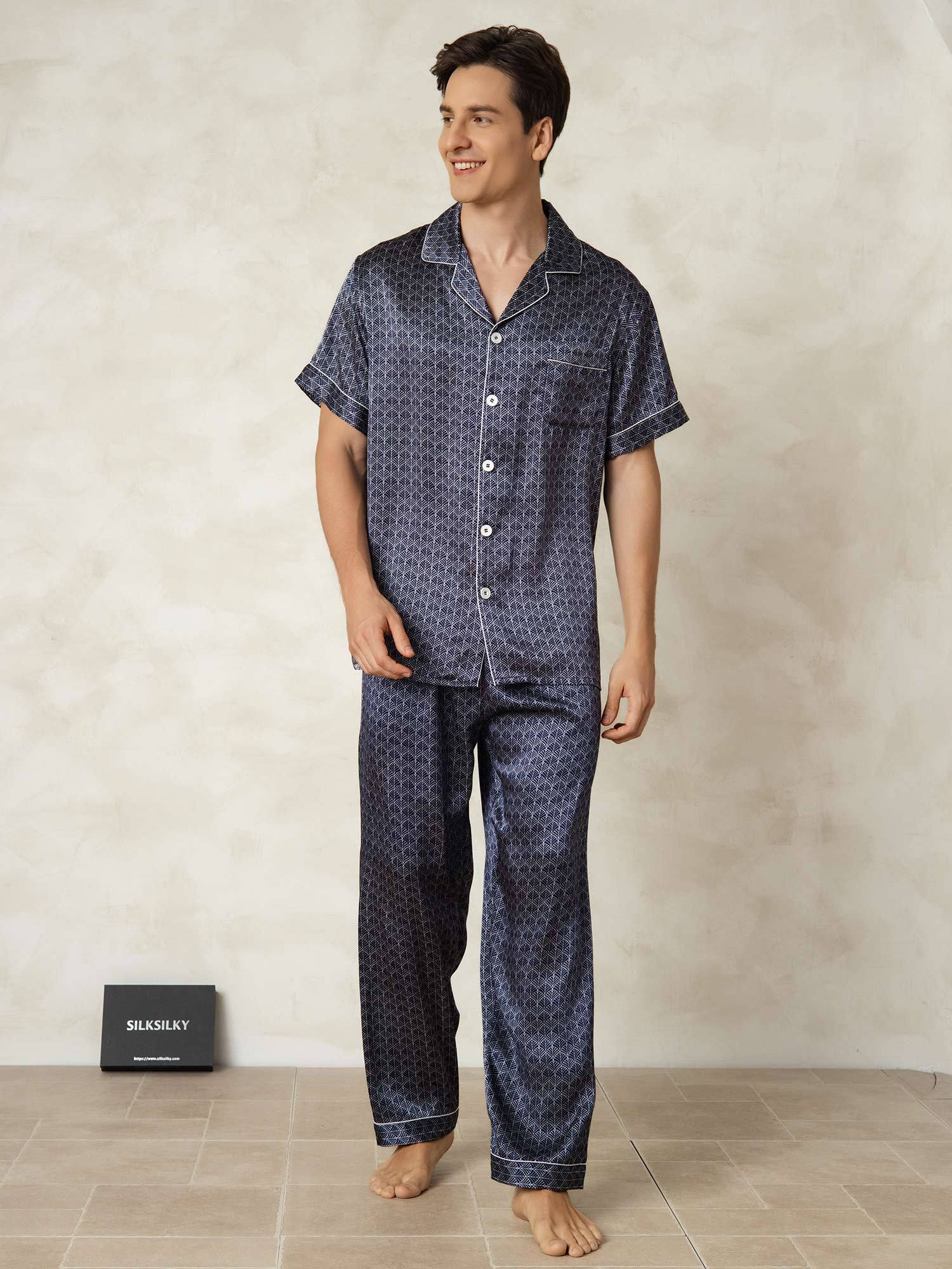 [GinkgoAzulMarino] SilkSilky-ES Seda Pura Lapel Collar Pijamas de hombre 005