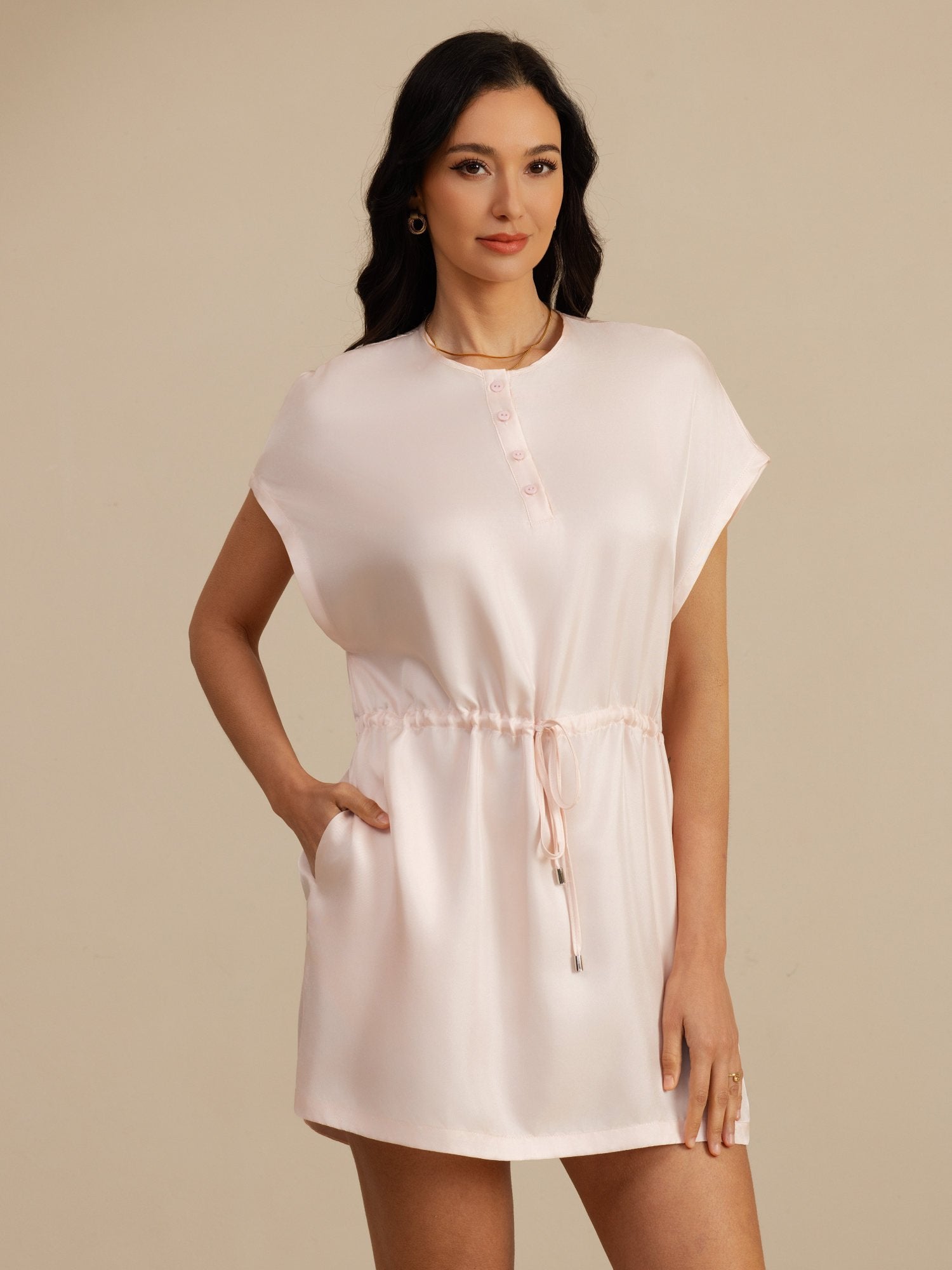 [Rosa] SilkSilky-ES 18Momme Manga Casquillo Cuello Henley Vestido 001