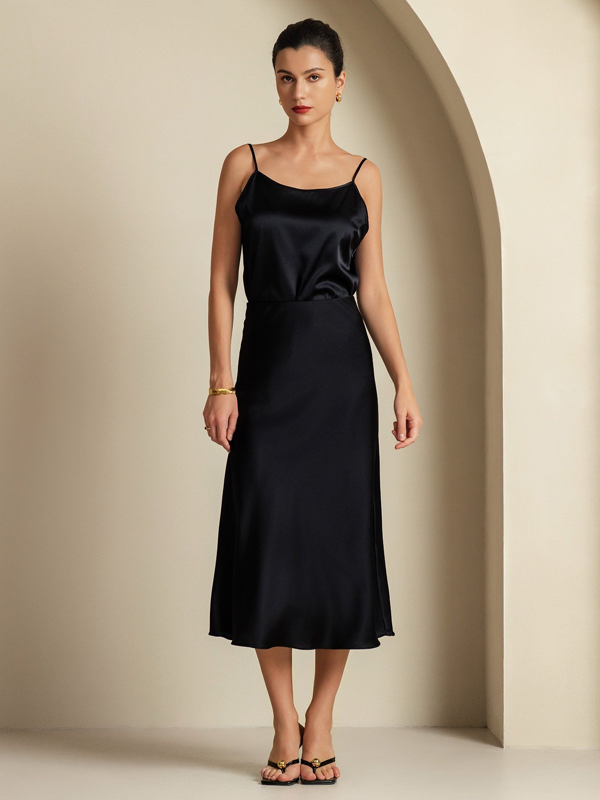 [Negro] SilkSilky-ES 19Momme Seda Pura Womens Outfit Sets 003,