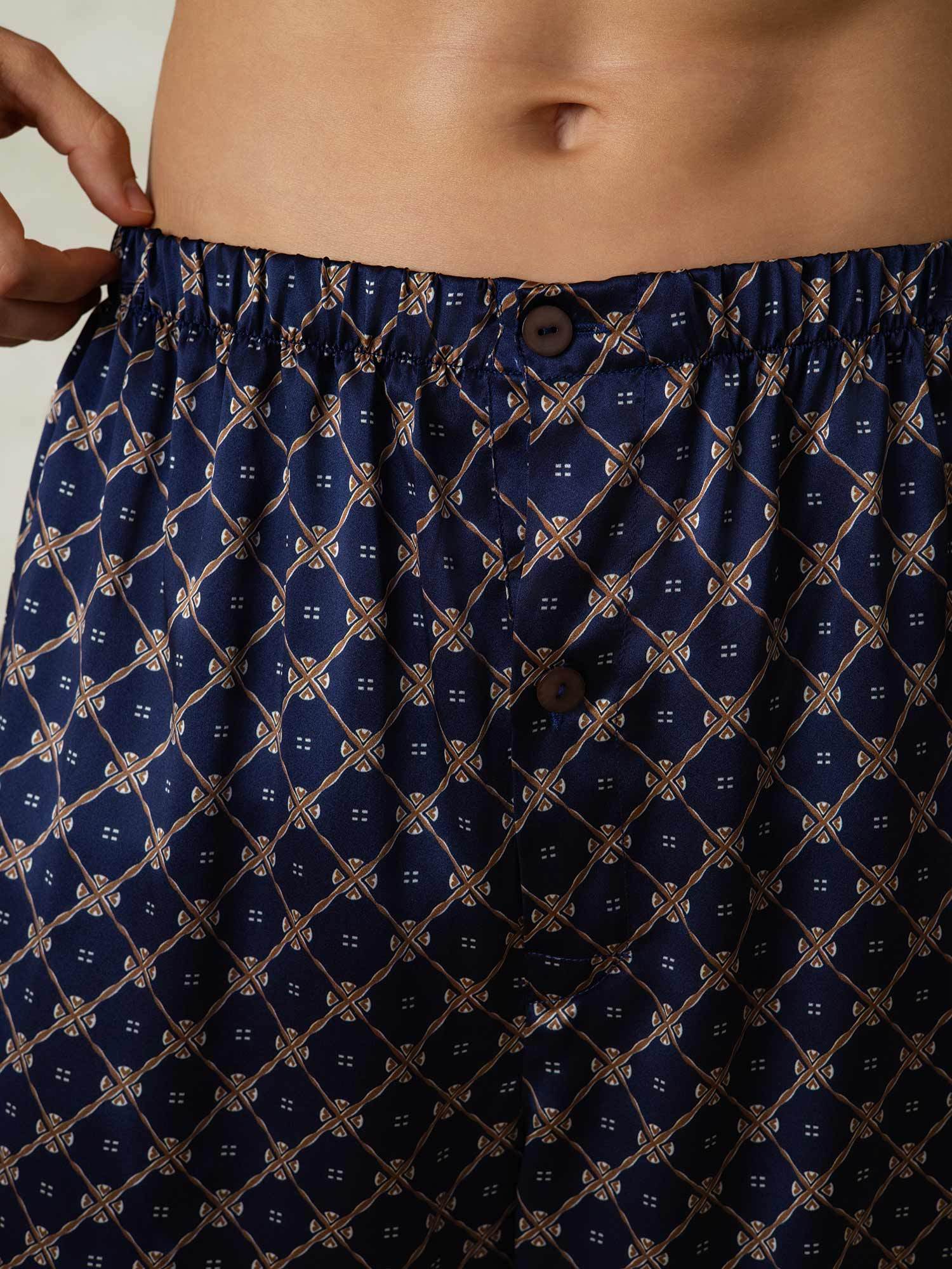 [Cadena Azul Marino] SilkSilky-ES Seda Pura Mens Sleep Bottoms 006,