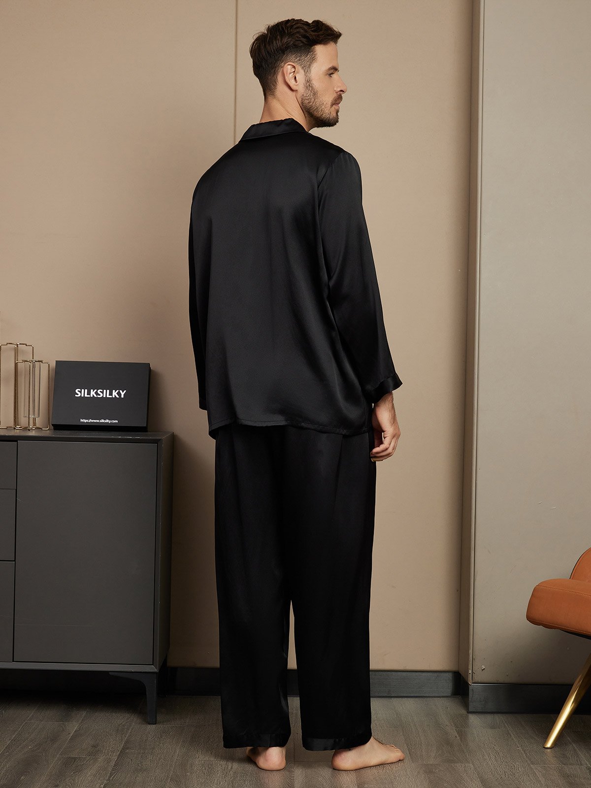 [Negro] SilkSilky-ES Seda Pura Mens Pajamas 002