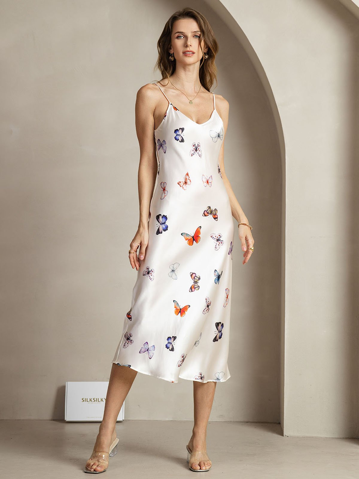 [MariposaBlanca] SilkSilky-ES 19Momme Seda Cuello en V Vestido 001