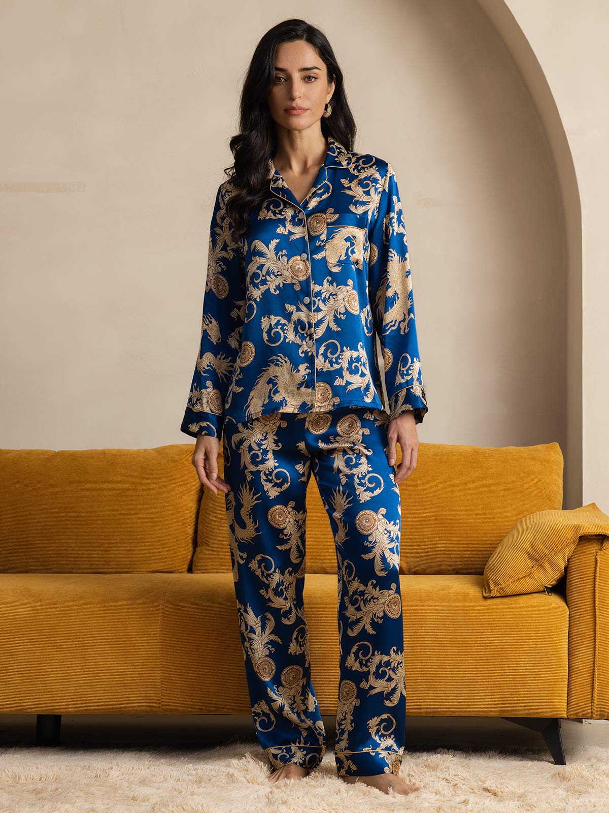 [Dragón Navy] SilkSilky-ES Seda Pura Womens Pajamas 007