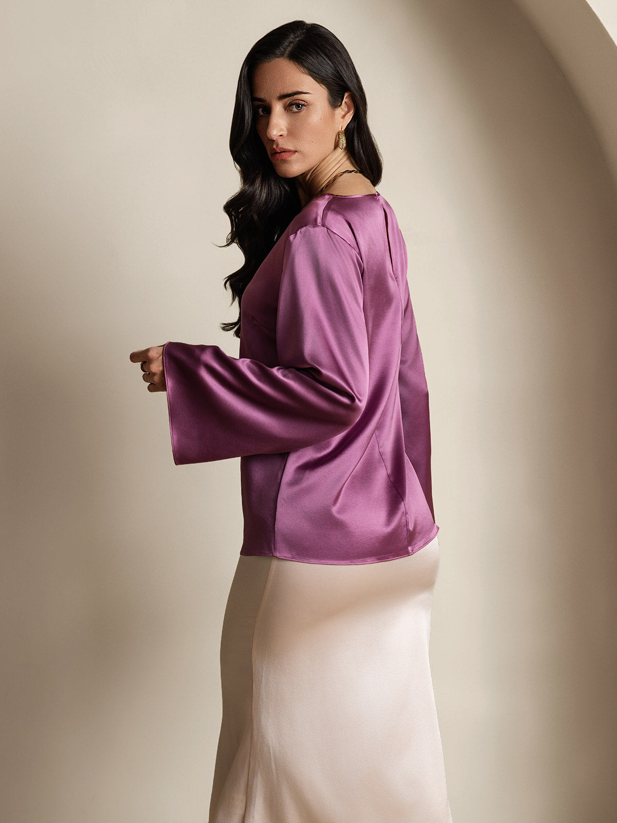 [Morado Oscuro] SilkSilky-ES 19Momme Seda Womens T-Shirt 002