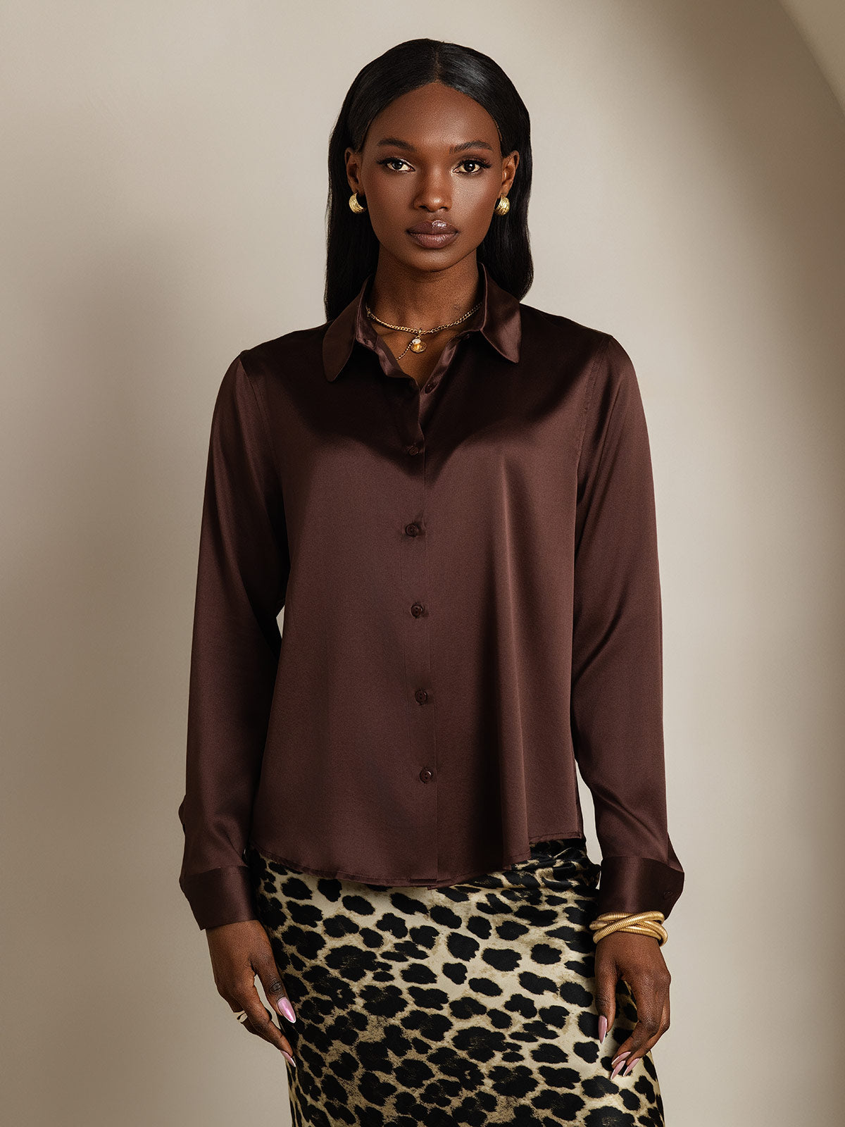 [Marrón] SilkSilky-ES Seda Lapel Collar Blusas de Mujer 003