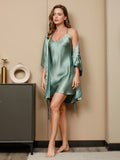 SilkSilky ES Seda Pura Manga francesa Nightgown&Robe Set MentaVerde 005