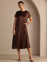 [Chocolate Negro] SilkSilky-ES Short Sleeve Round Neck Vestido 001