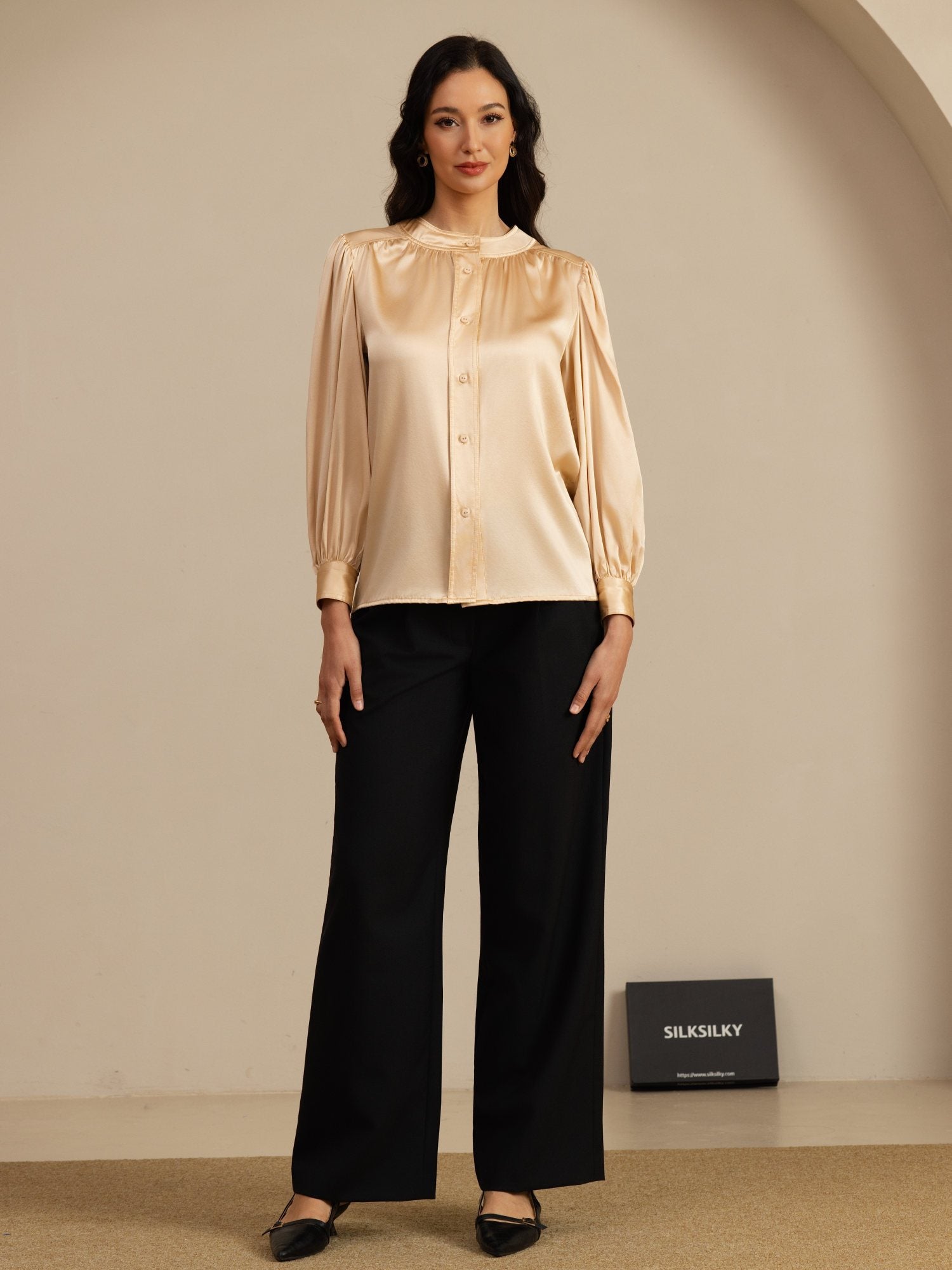 [Champán] SilkSilky-ES 19Momme Long Sleeve Round Neck Blusa 006