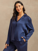 [Azul Oscuro] SilkSilky-ES 19Momme Manga larga Cuello de Muesca Pijamas de mujer 007