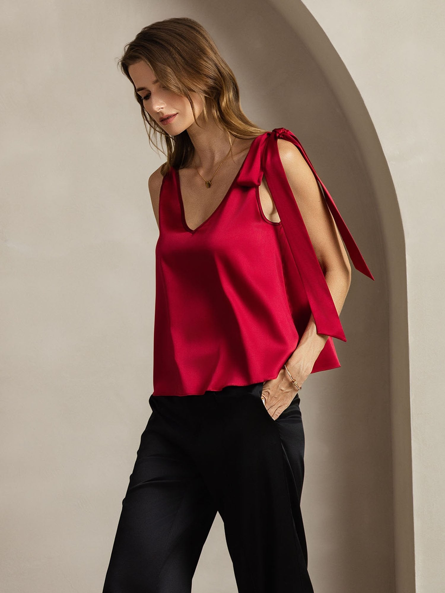 [Vino] SilkSilky-ES 19Momme Seda Cuello en V Camisetas de Mujer 005