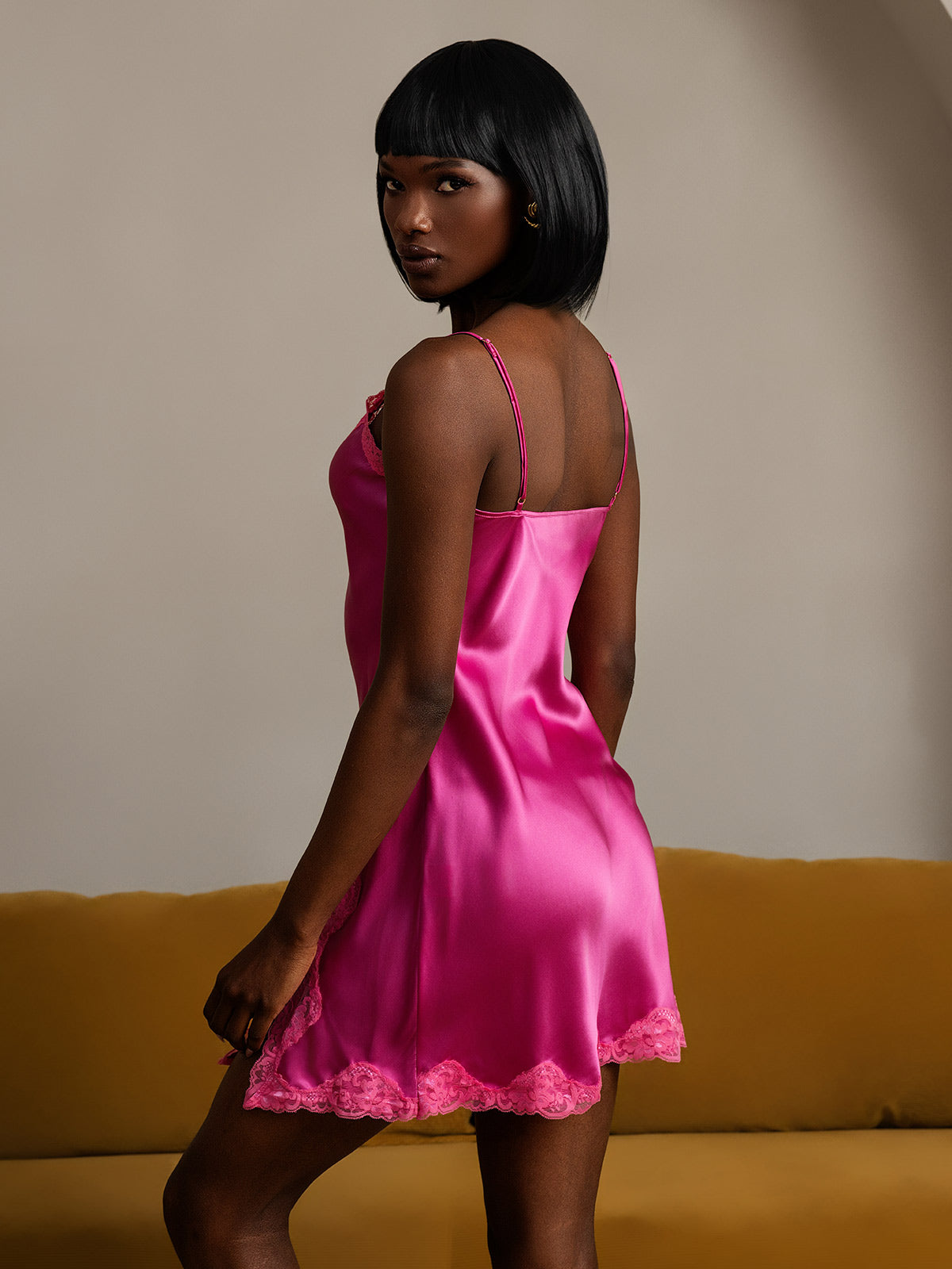 [Rosa Caliente] SilkSilky-ES Seda Pura Cuello en V Camisón 002,