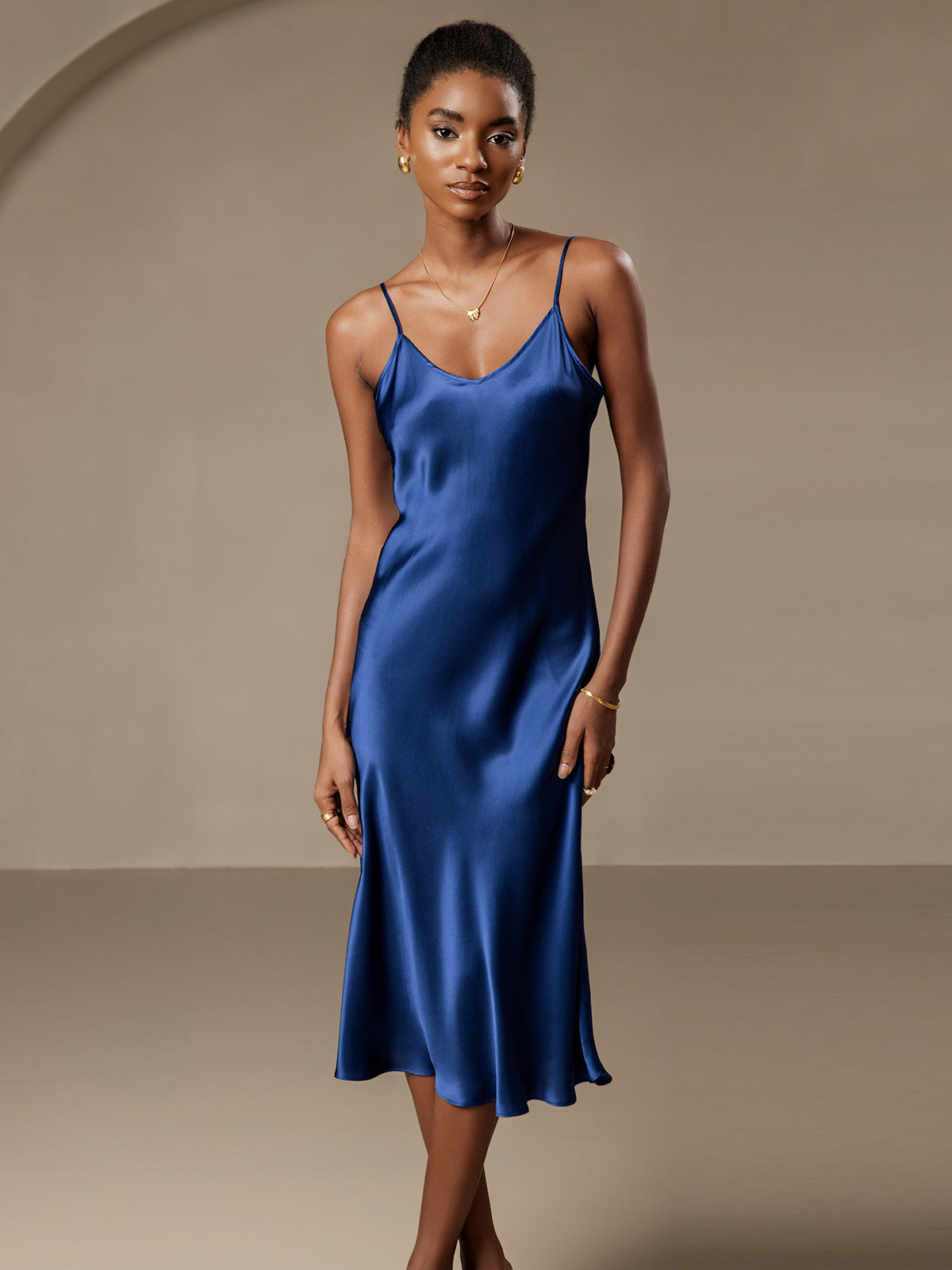 [Azul Oscuro] SilkSilky-ES Seda Pura Cuello en V profundo Vestido 004