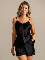 [Negro] SilkSilky-ES Spaghetti Strap V Neck Conjunto de tirantes 001