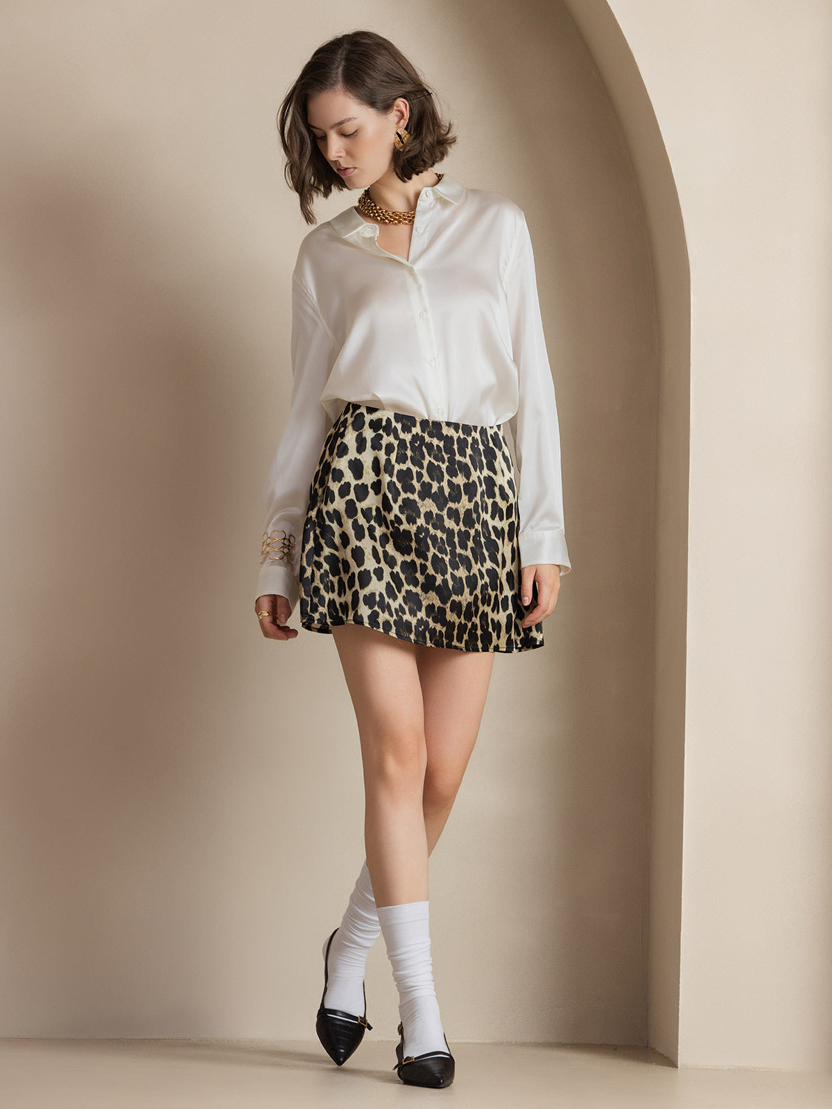 [Blanco] SilkSilky-ES Seda Manga larga Cuello Camisero Blusas de Mujer 007