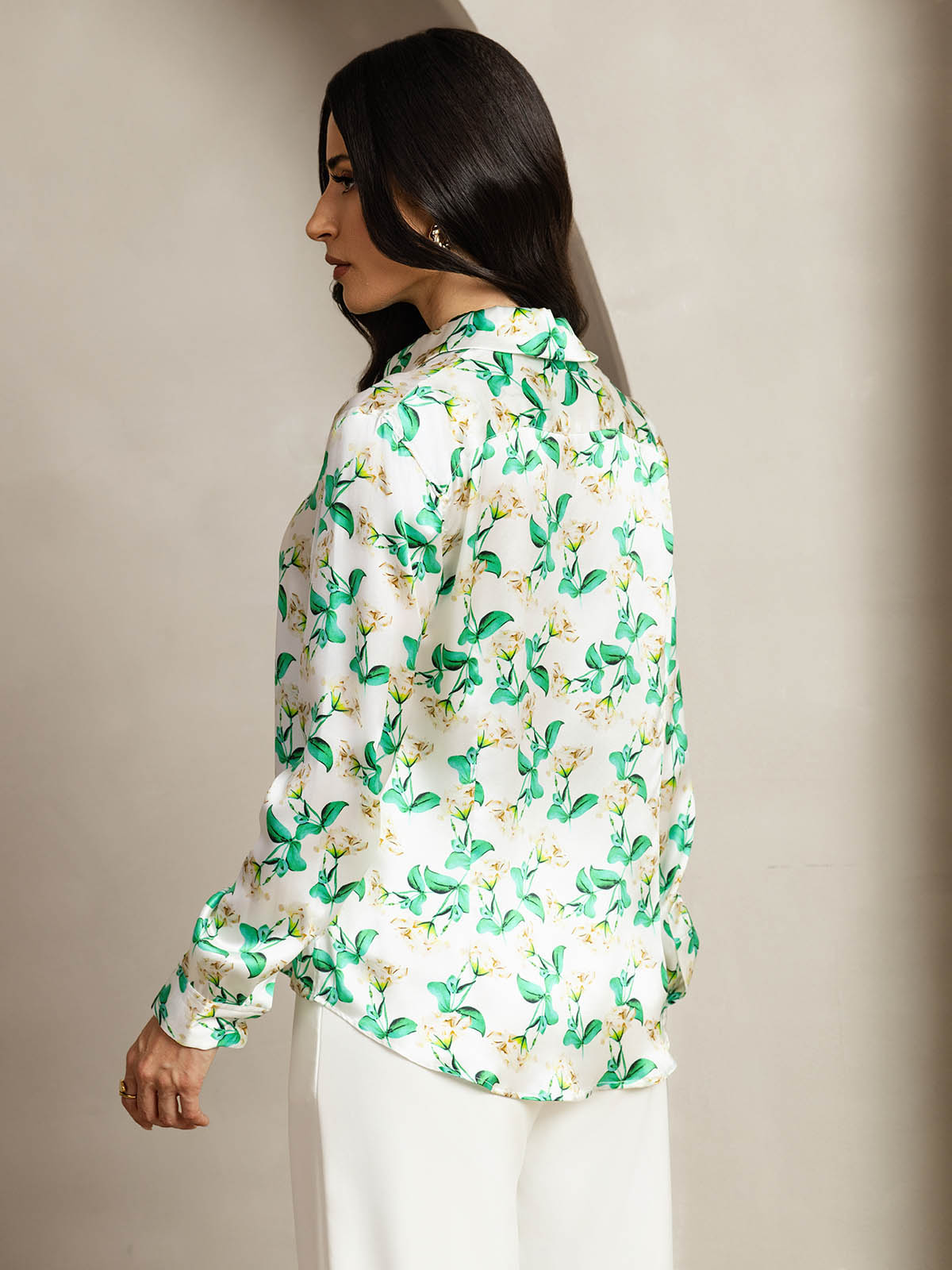 [Floral Verde] SilkSilky-ES Seda Lapel Collar Blusas de Mujer 002