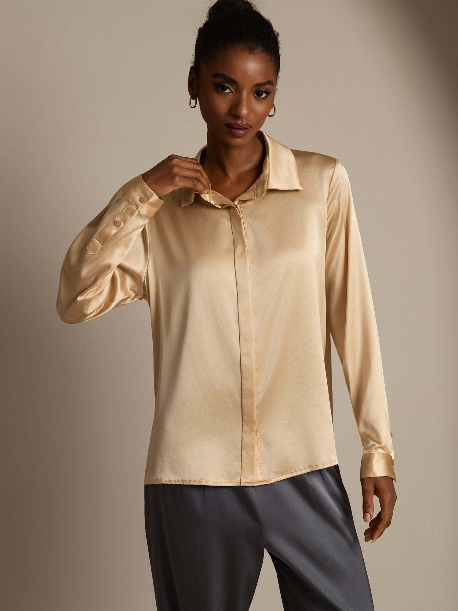 [Champán] SilkSilky-ES 19Momme Seda Manga larga Cuello Camisero Blusas de Mujer 004