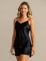 [Negro] SilkSilky-ES Spaghetti Strap V Neck Conjunto de tirantes 004