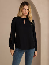 [Negro] SilkSilky-ES Long Sleeve Keyhole Neck Blusas 001