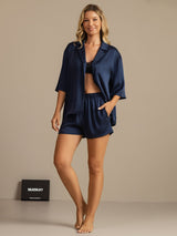[Azul Oscuro] SilkSilky-ES 19Momme A metà Cuello de Muesca Pijamas de mujer 007