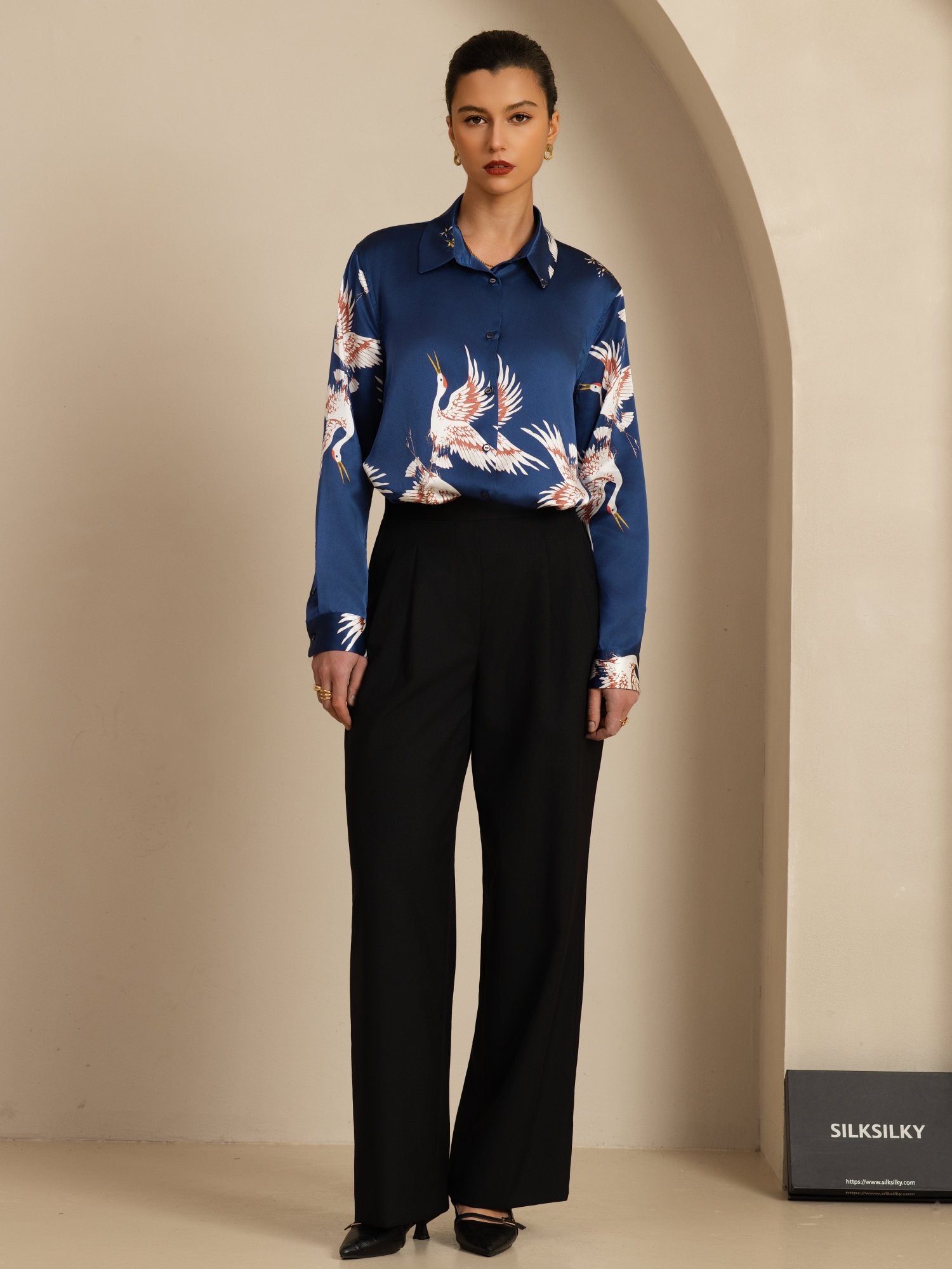 [Azul Oscuro] SilkSilky-ES 19Momme Manga larga Cuello con Solapa Blusas de Mujer 007