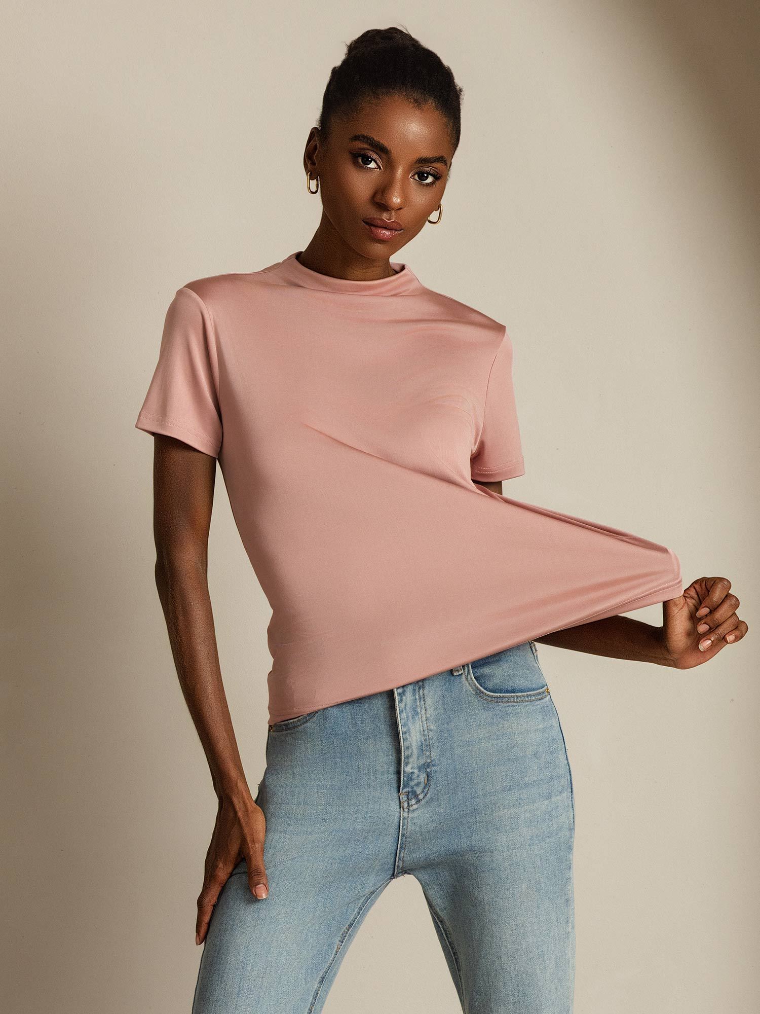 [Rosa] SilkSilky-ES Seda Pura Cuello Camisero Camisetas de Mujer 001