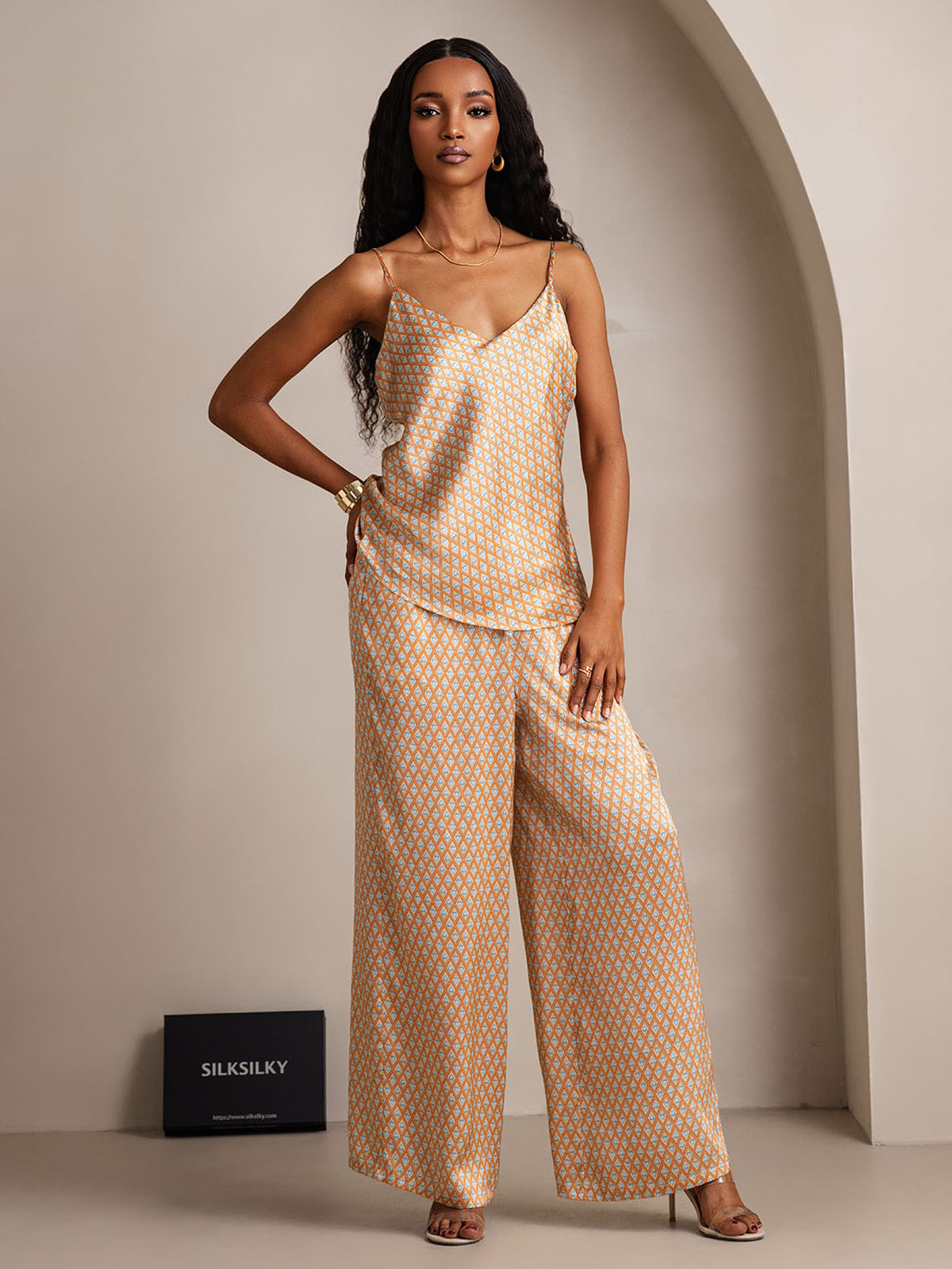 [Floral] SilkSilky-ES Seda Pura Cuello en V Conjunto de tirantes 005