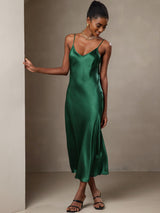 [Verde] SilkSilky-ES Spaghetti Strap V Neck Vestido 007