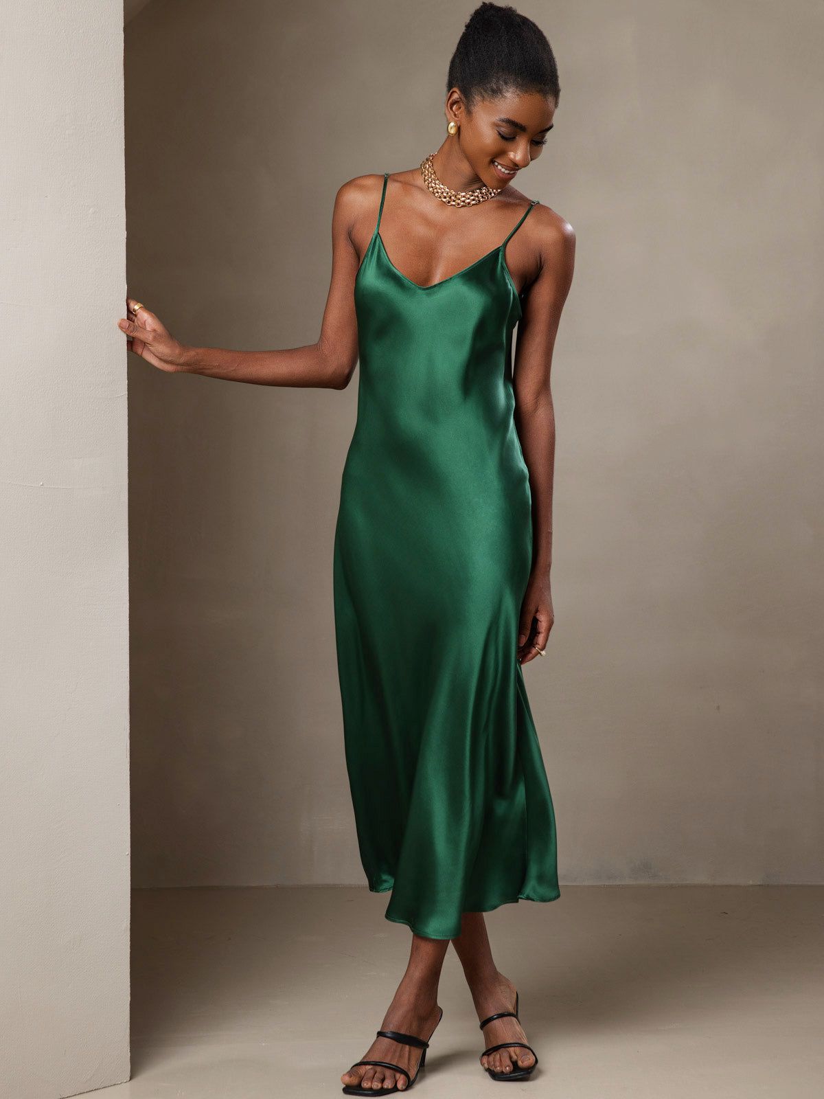 [Verde] SilkSilky-ES Spalline Sottili Cuello en V Vestido 007
