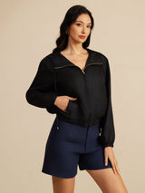 [Negro] SilkSilky-ES 18Momme Manga larga Cuello Alto Chaqueta de mujer 003