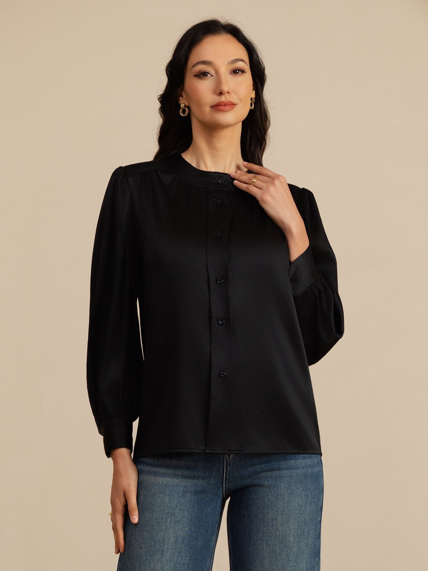 [Negro] SilkSilky-ES 19Momme Long Sleeve Round Neck Blusa 004
