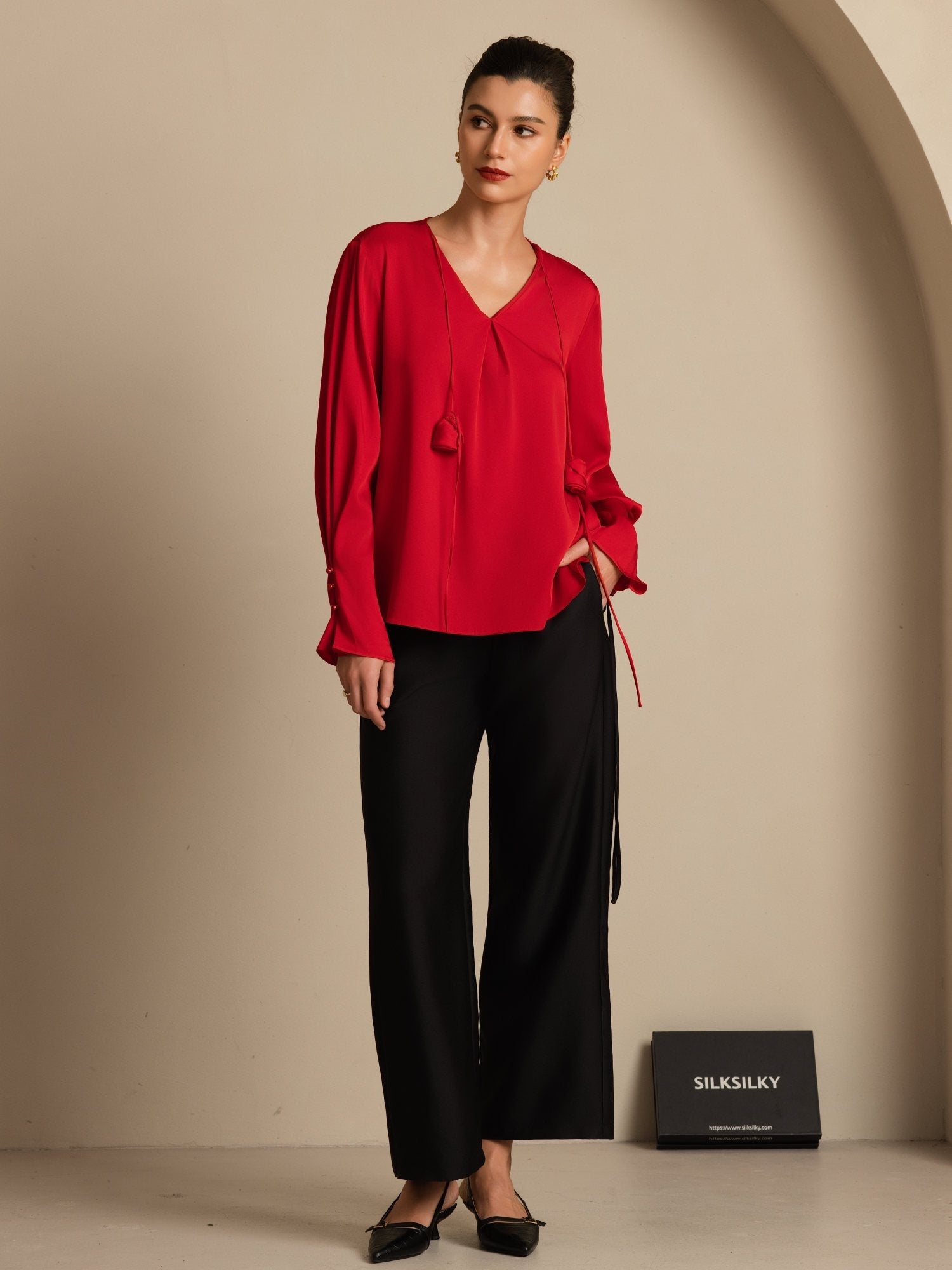 [Vino] SilkSilky-ES 19Momme Seda Manga larga Cuello en V Blusa 001