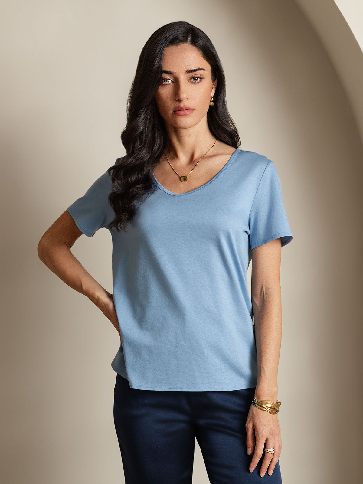 SilkSilky-ES Seda Manga corta Cuello en V Camisetas de Mujer Azul 003