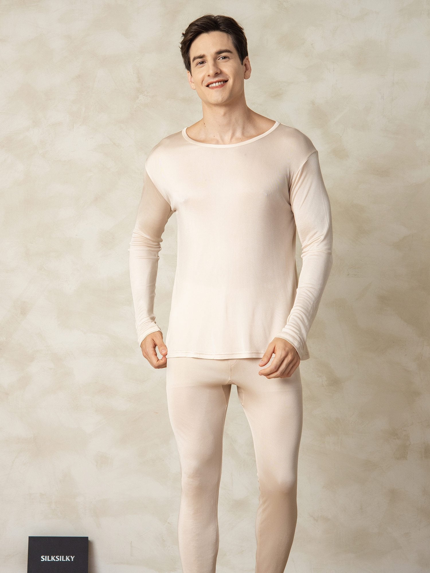 [MarrónClaro] SilkSilky-ES Seda Mens Pajamas 004
