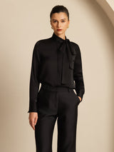 [Negro] SilkSilky-ES 19Momme Manga larga Cuello Lazo Blusa 005