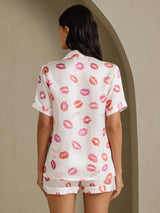 [Pintalabios Blanco] SilkSilky-ES Short Sleeve Notch Collar Pijamas de mujer 002