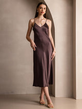 [Café] SilkSilky-ES Spaghetti Strap V Neck Vestido 003