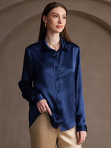 [Azul Oscuro] SilkSilky-ES Long Sleeve Lapel Collar Blusas de Mujer 003
