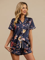[Floral Azul Marino] SilkSilky-ES Manga corta Cuello de Muesca Pijamas de mujer 005
